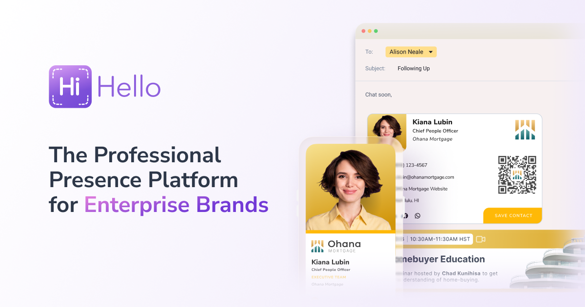 Branded digital card shown beside a professional portrait